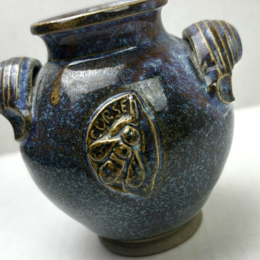 Small Vase 4” Two Handles Earth Décor Pyrite & Flame Signed Truchon Corse Bee EC